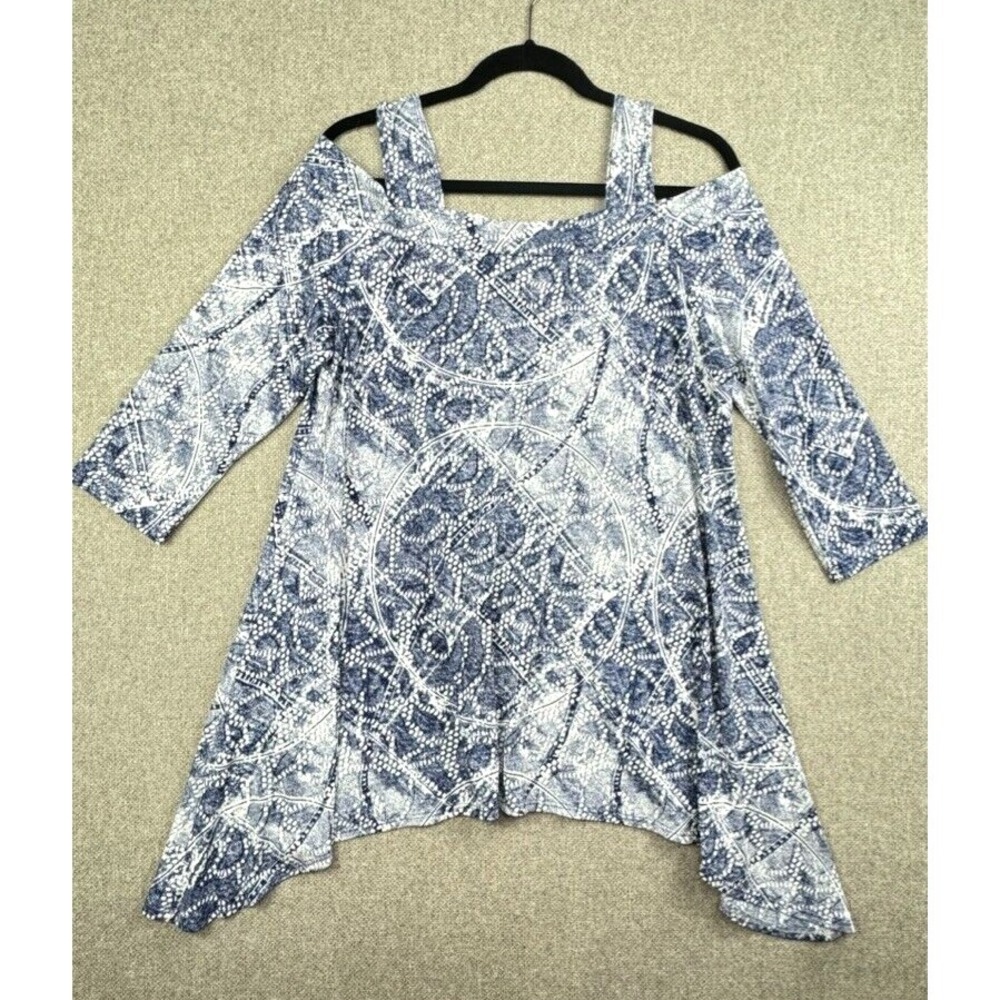 Clara Sun Woo Top Size Large Blue White Abstract Asymmetrical Hem Cold Shoulder